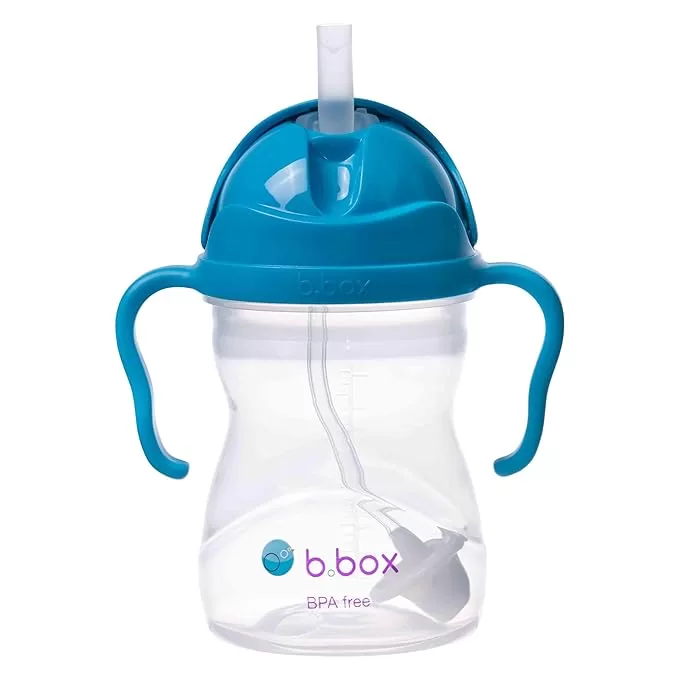 B.Box Straw sippy cup. and clear bottle with a dark blue cap. Has a straw with a weighted bottle so it can be held at any angle.