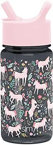 Black water bottle with pink unicorns on it and a pink lid. Spout folds open and closed and there is a handle on the lid.
