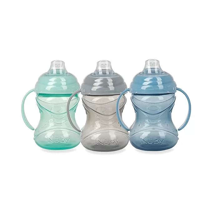 a pack of three Nuby Grip 'N Sip sippy cups. An aqua, a grey, and a dark blue cup with a  soft spout and handles.