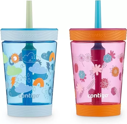 Two tumblers with lids and straws. One blue on with clouds, rainbows, and suns. And a red one with flowers.