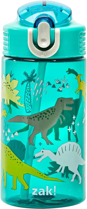 A blue water bottle with dinosaurs on it, and a flip top cover that opens with a button.