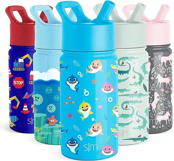 Five different water bottles with various designs. Spout folds open and closed and has a handle on the lid.