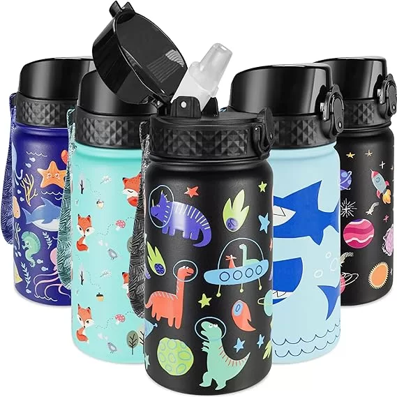Five different water bottles with various designs on them, with a flip top cover that opens by pushing a button.